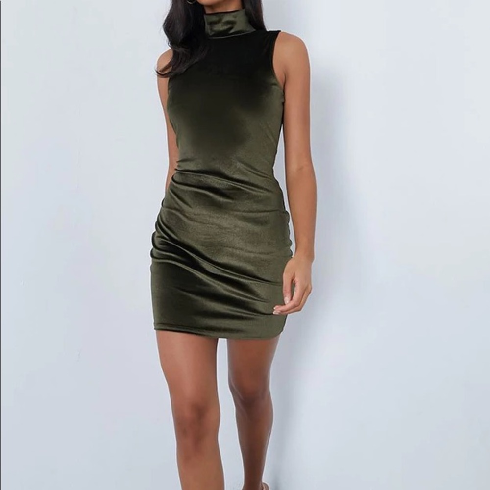 Khaki Velvet High Neck Racer Bodycon Dress